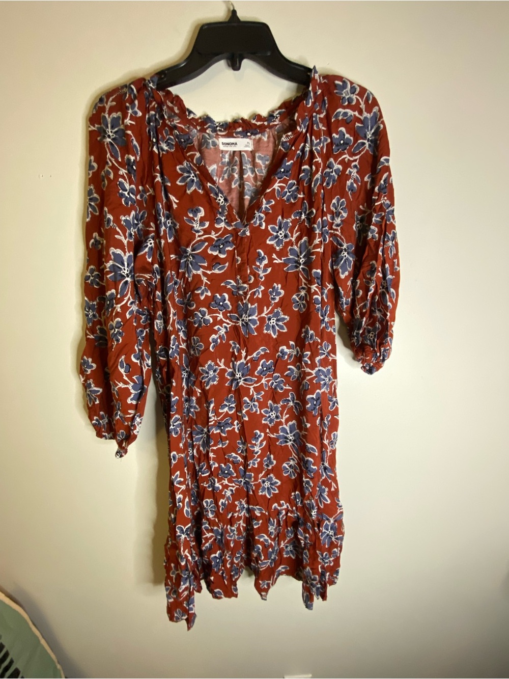 Sonoma Rust Floral Mini Dress with Blue and White Blossoms